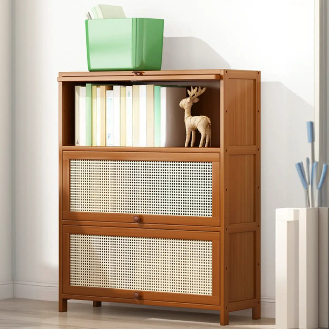 Elegant Wooden Mesh Rectangular Bookcase — Black-Gold