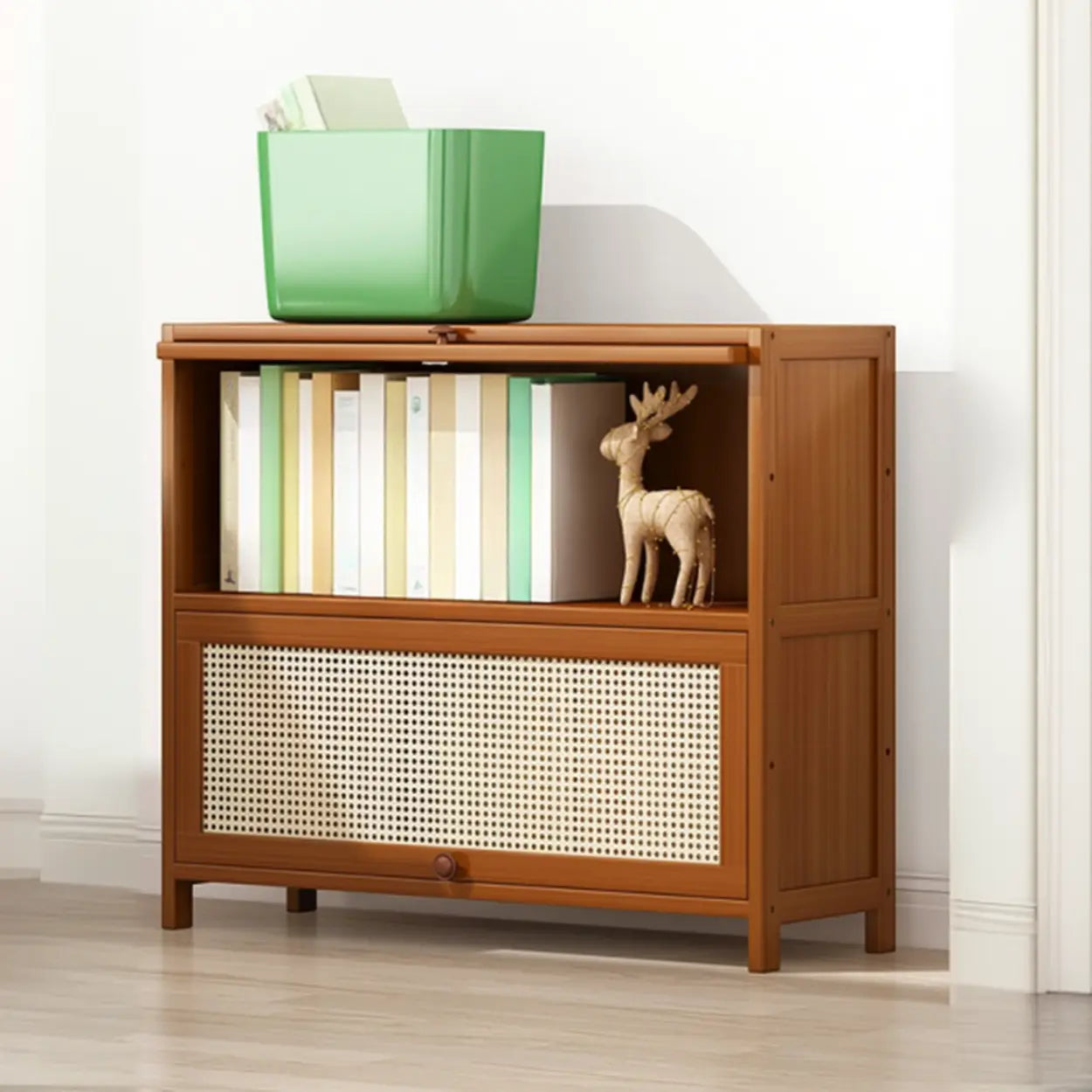 Elegant Wooden Mesh Rectangular Bookcase — Tan