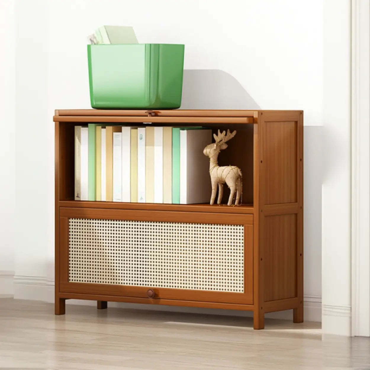 Elegant Wooden Mesh Rectangular Bookcase — Tan