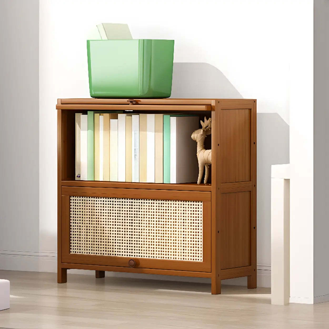 Elegant Wooden Mesh Rectangular Bookcase — Black-Gold