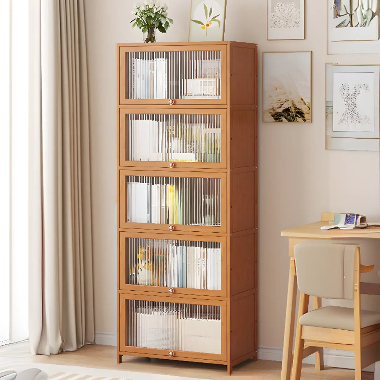 Elegant Wooden Mesh Rectangular Bookcase — Brown