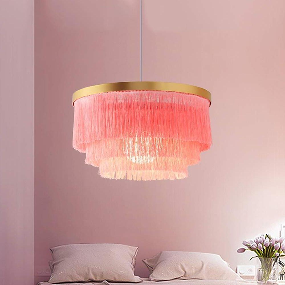 Leather gradated drum pendant lighting in metal — Pink