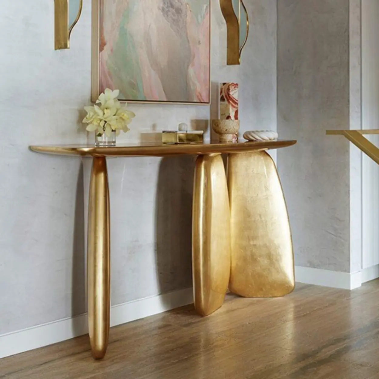 Three-Leg Golden Metal Sculptural Console Table — Champagne