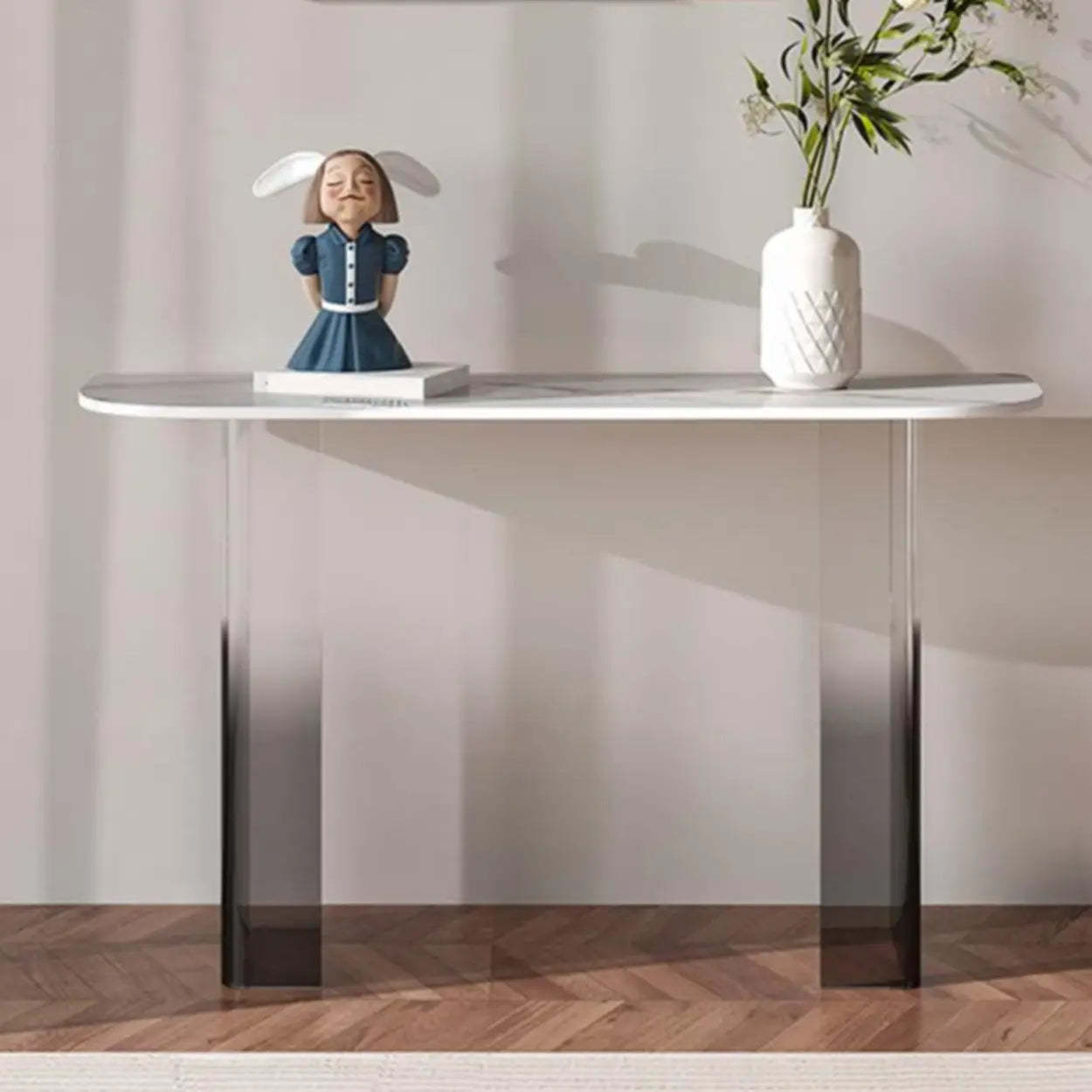 Acrylic Sintered Stone Top Console Table — White / Half-circle