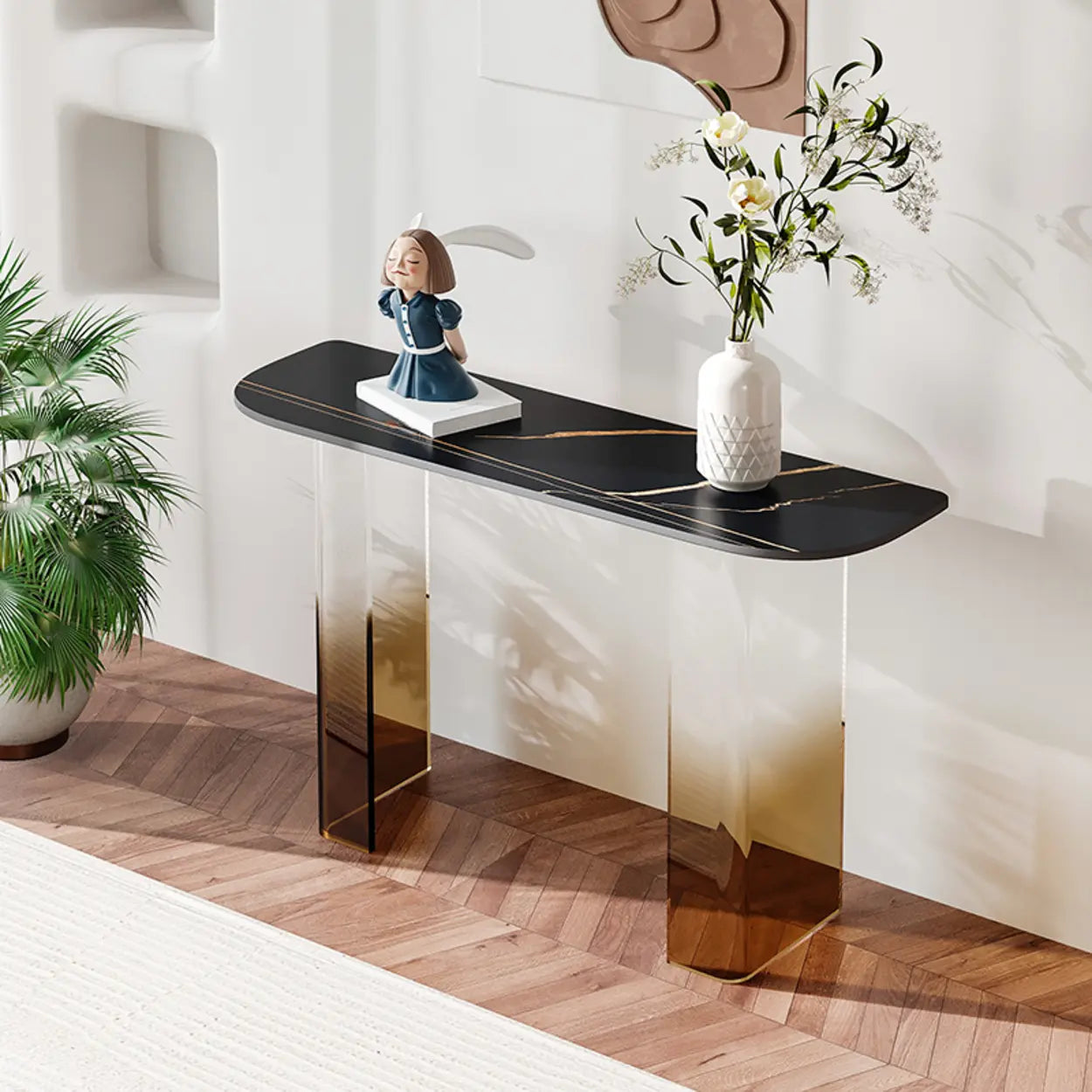 Acrylic Sintered Stone Top Console Table — Black/ Gold / Half-circle