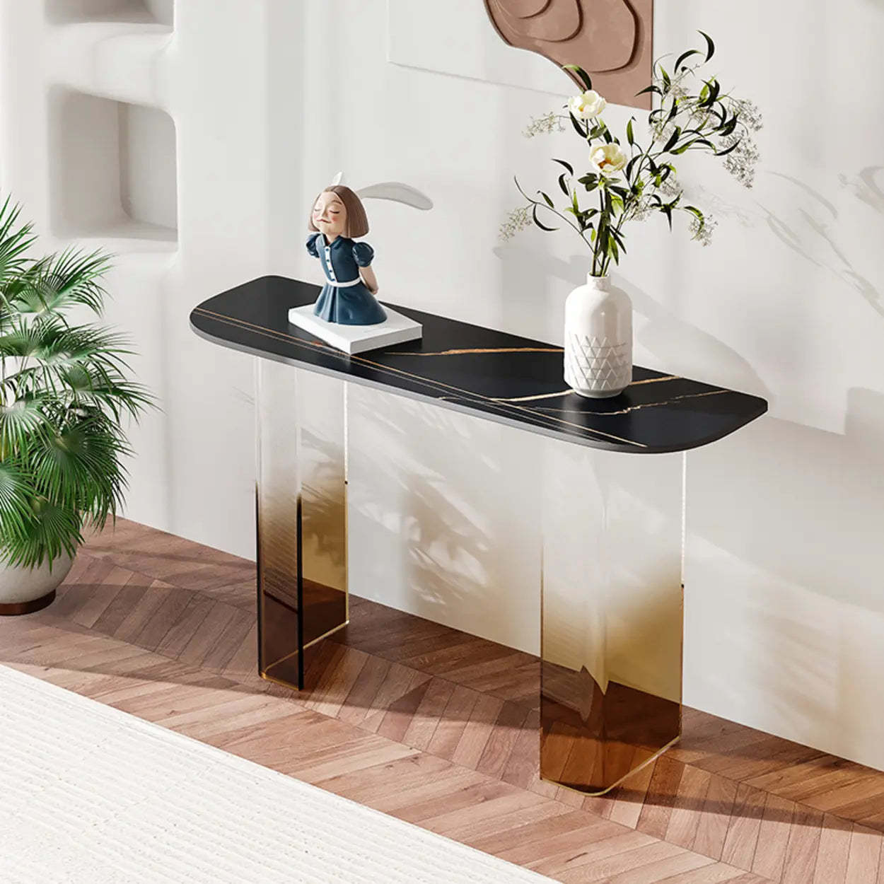 Acrylic Sintered Stone Top Console Table — Black/ Gold / Half-circle