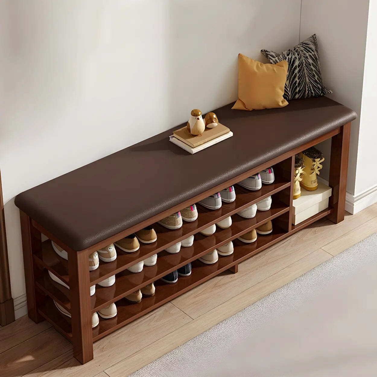 Entryway Shoe Bench with Adjustable Shelves — Wood/ Beige