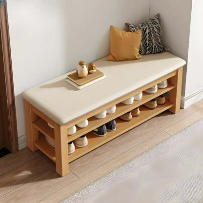 Entryway Shoe Bench with Adjustable Shelves — Wood/ Beige