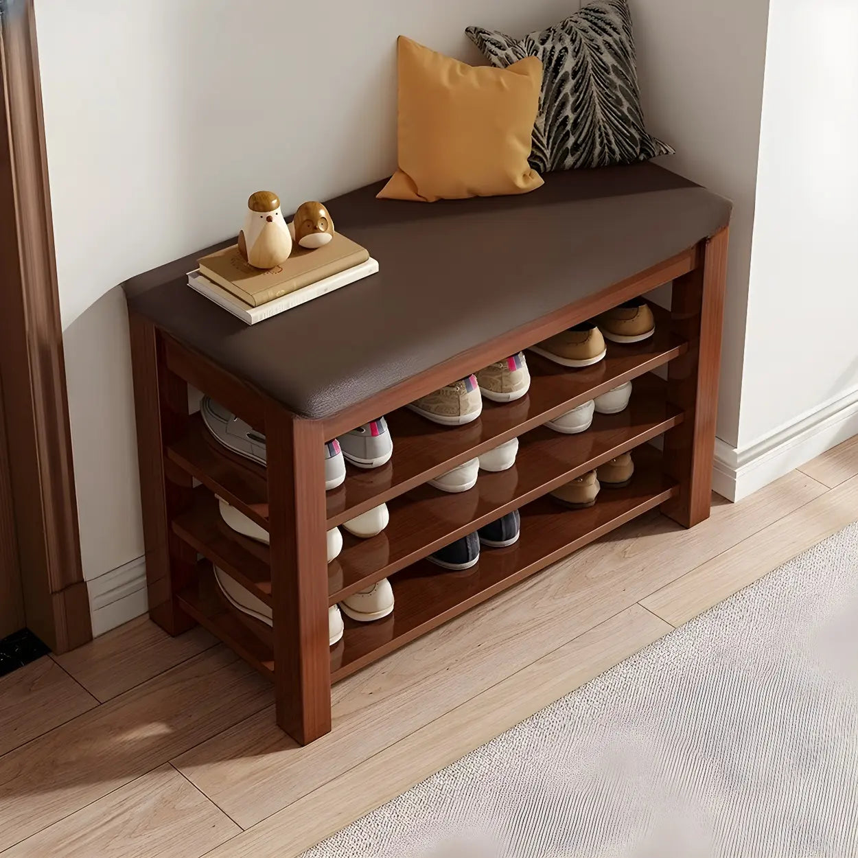 Entryway Shoe Bench with Adjustable Shelves — Wood/ Beige