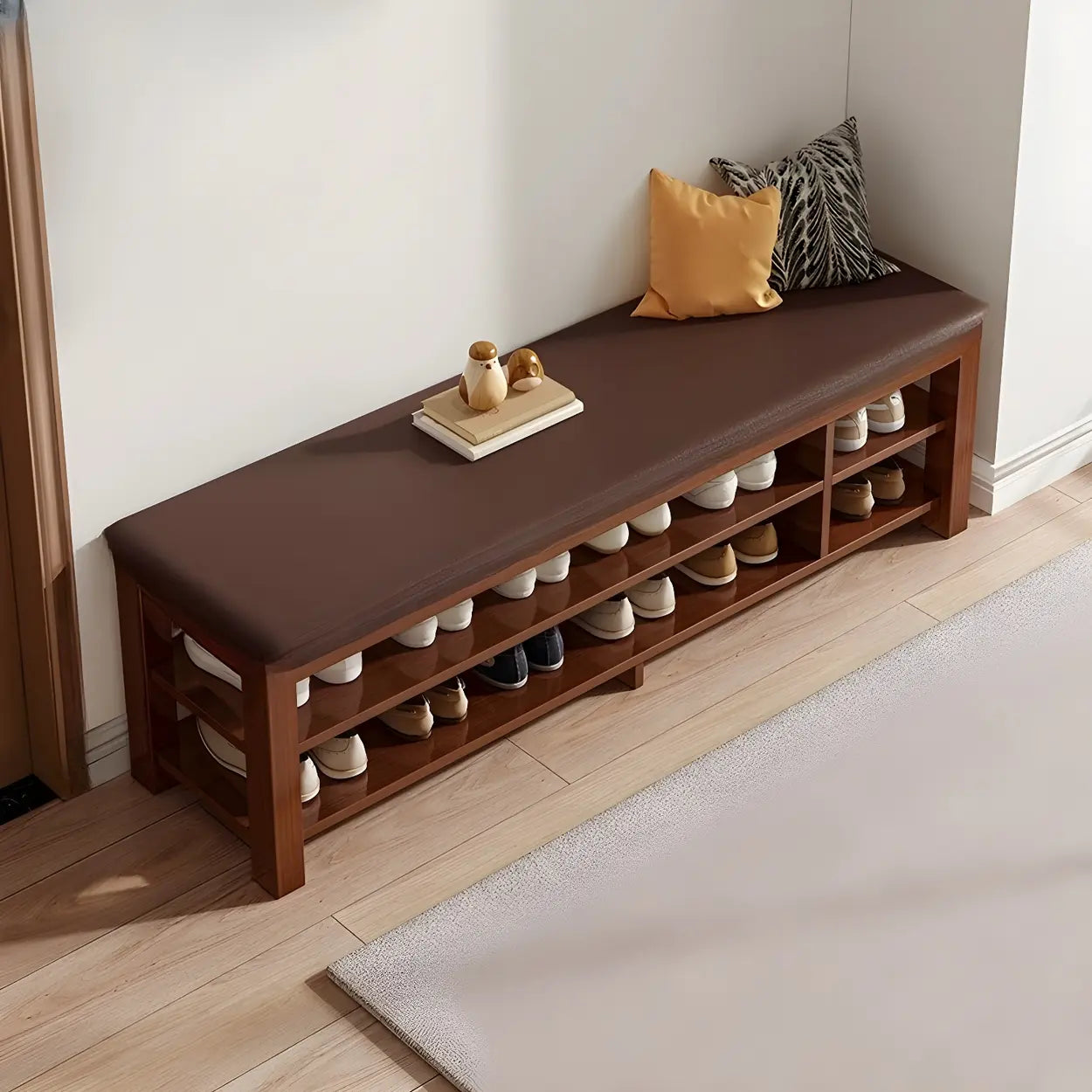 Entryway Shoe Bench with Adjustable Shelves — Walnut/ Brown
