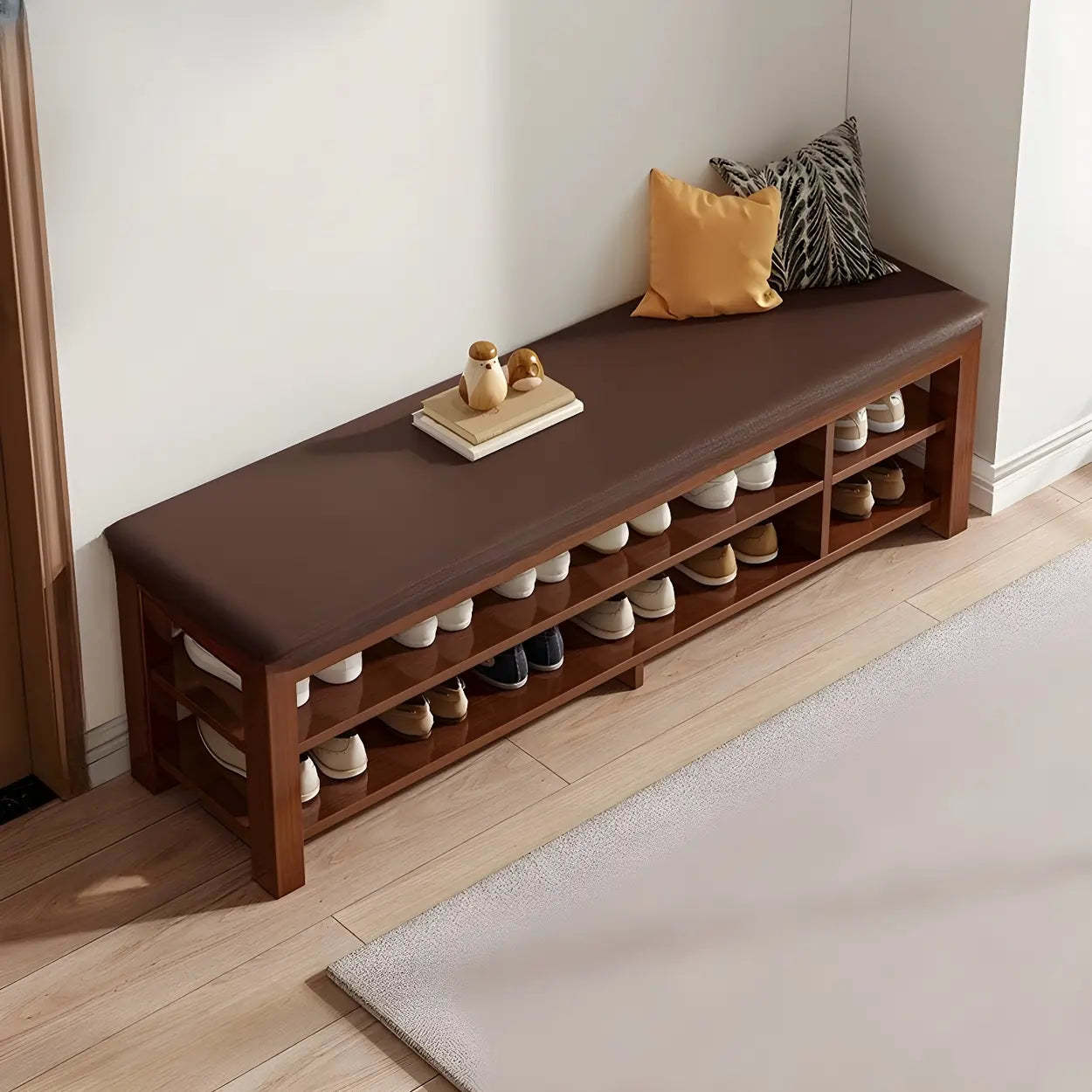 Entryway Shoe Bench with Adjustable Shelves — Walnut/ Brown