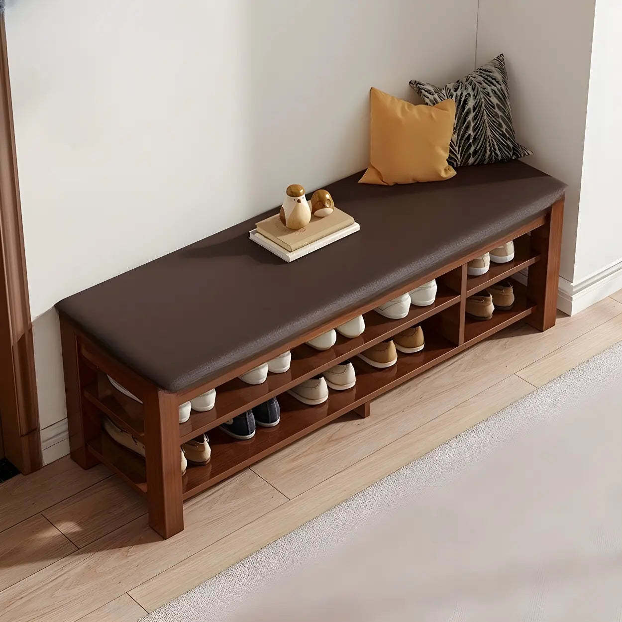 Entryway Shoe Bench with Adjustable Shelves — Walnut/ Brown