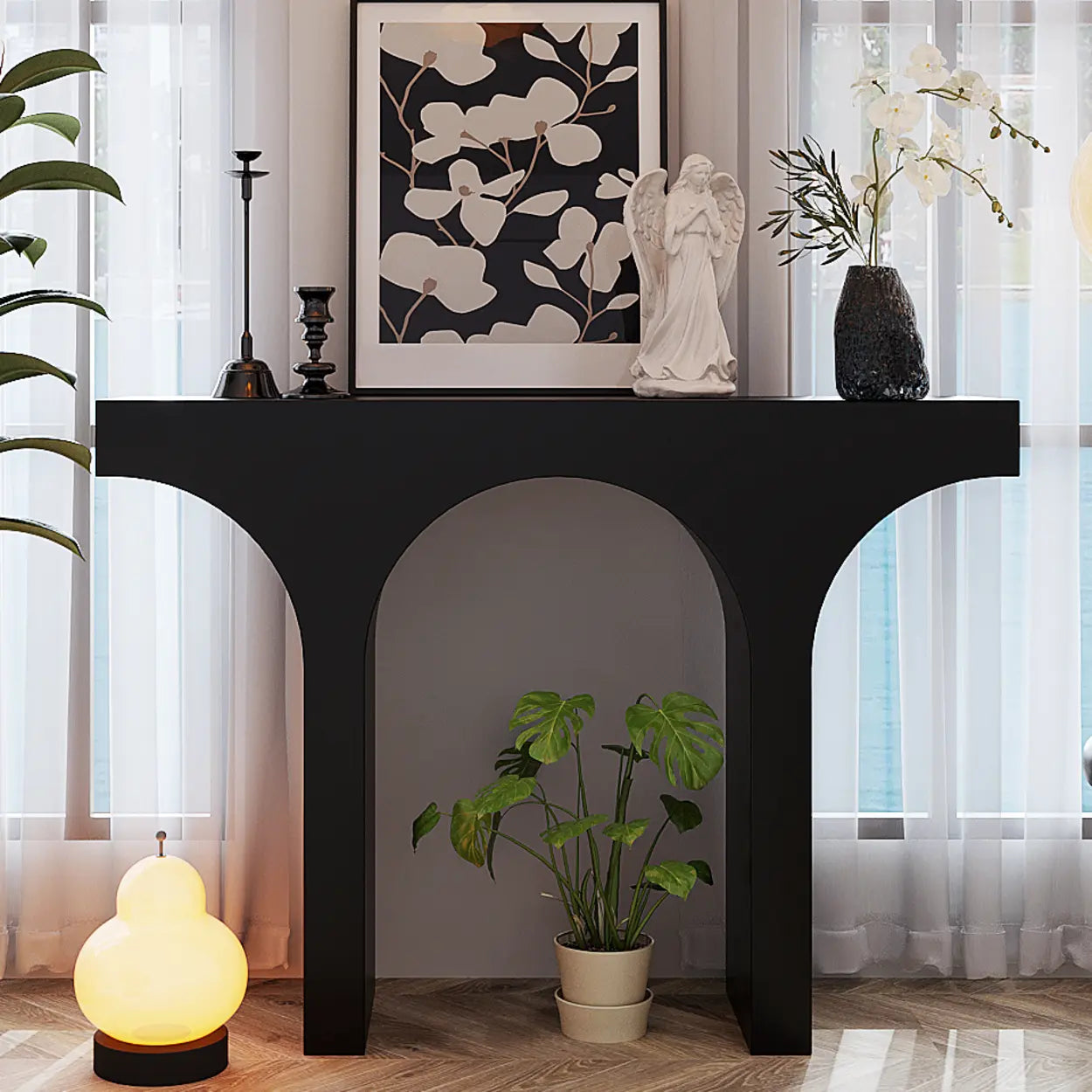 Entryway Arch-Base Timber Console Table — Black