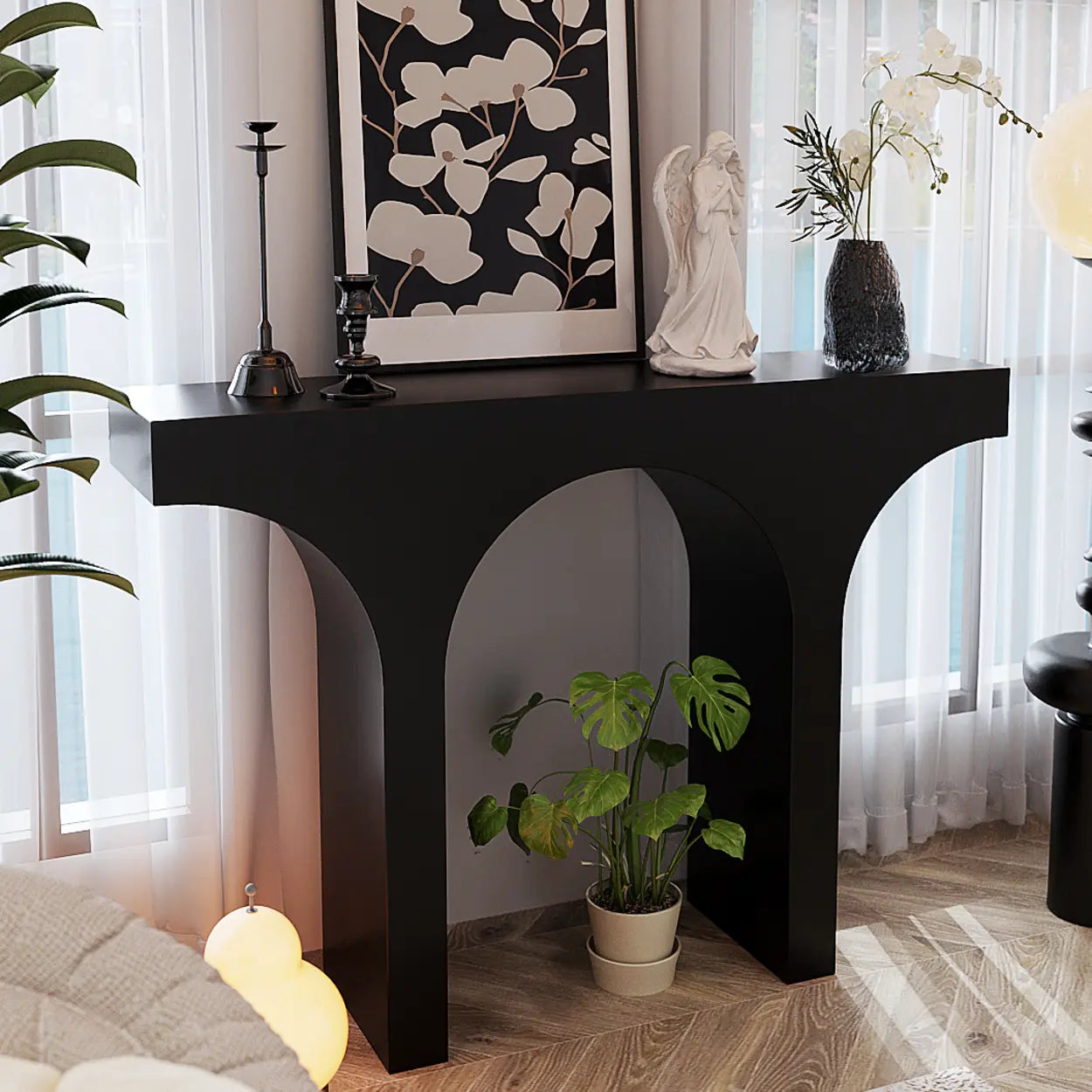 Entryway Arch-Base Timber Console Table — White