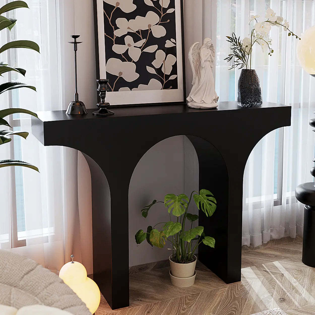 Entryway Arch-Base Timber Console Table — White
