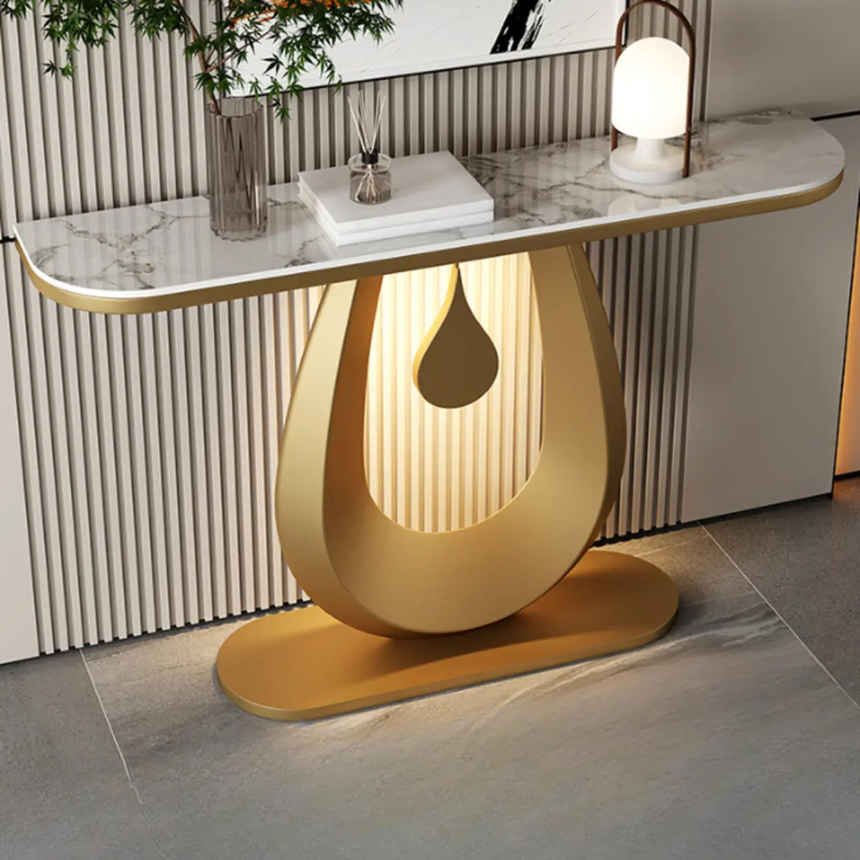 Half-Moon Sintered Stone Console Table — Gold