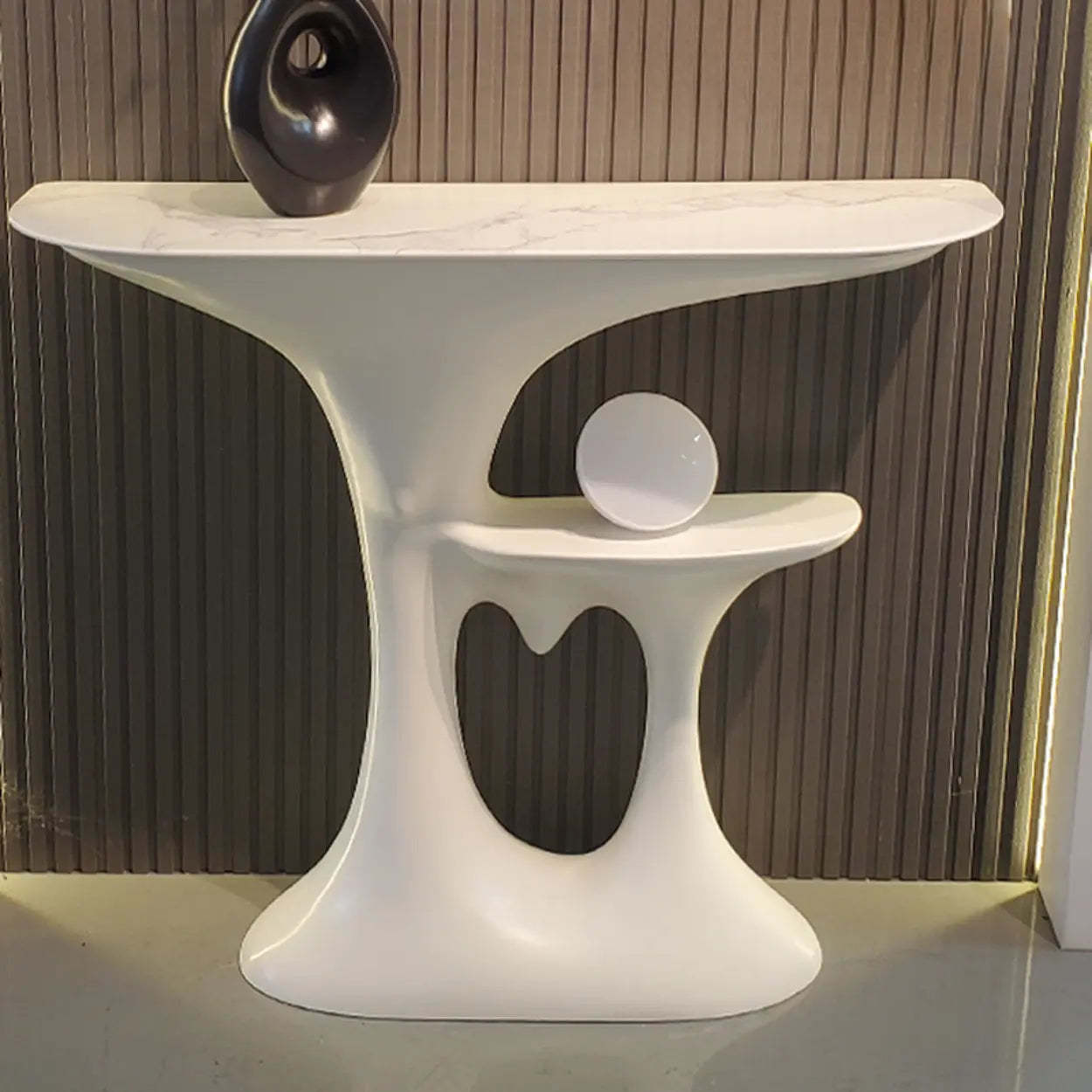 Entryway Half-Moon Marble Console Table with Shelf — Cream