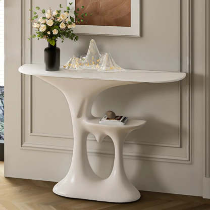 Entryway Half-Moon Marble Console Table with Shelf — Cream