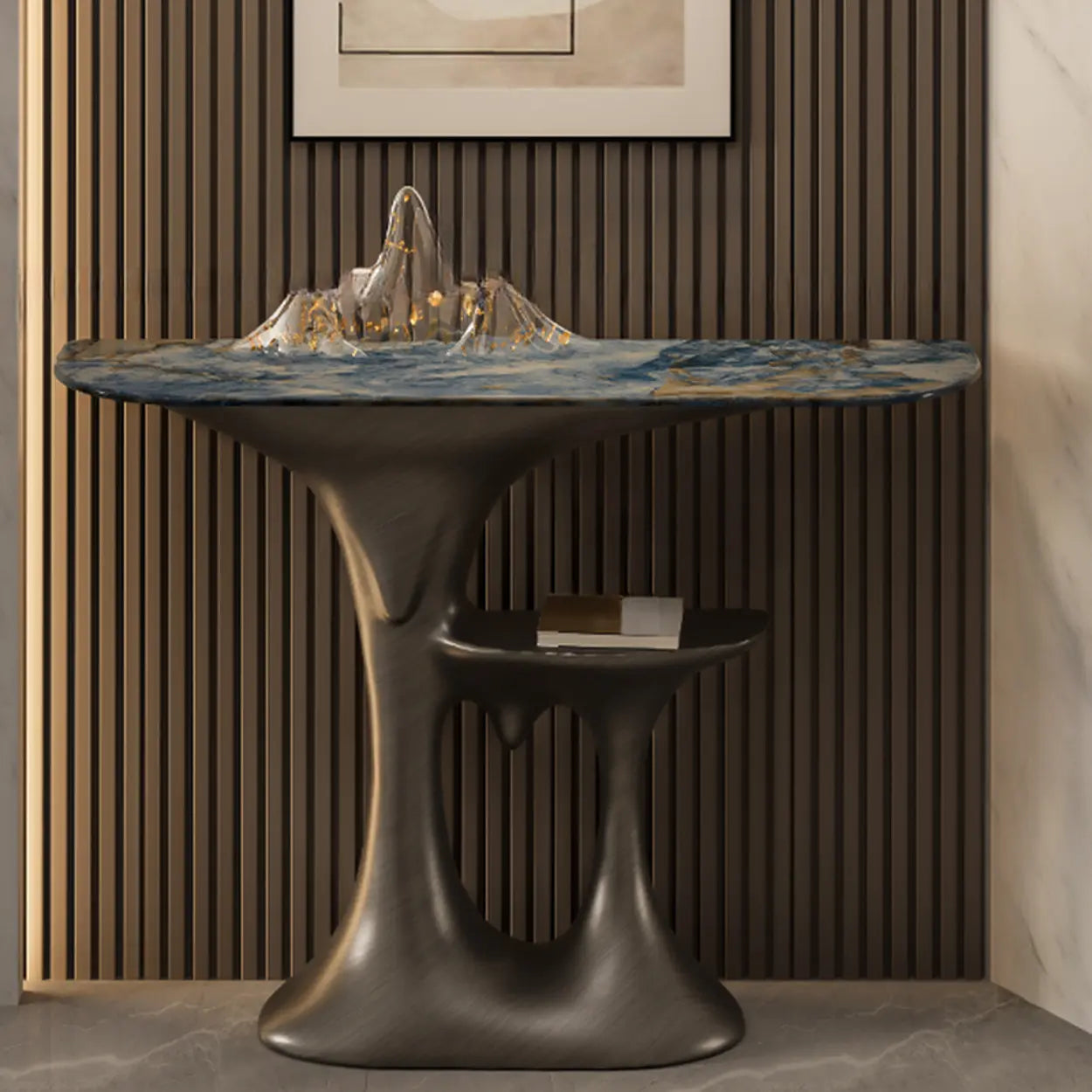 Entryway Half-Moon Marble Console Table with Shelf — Grey