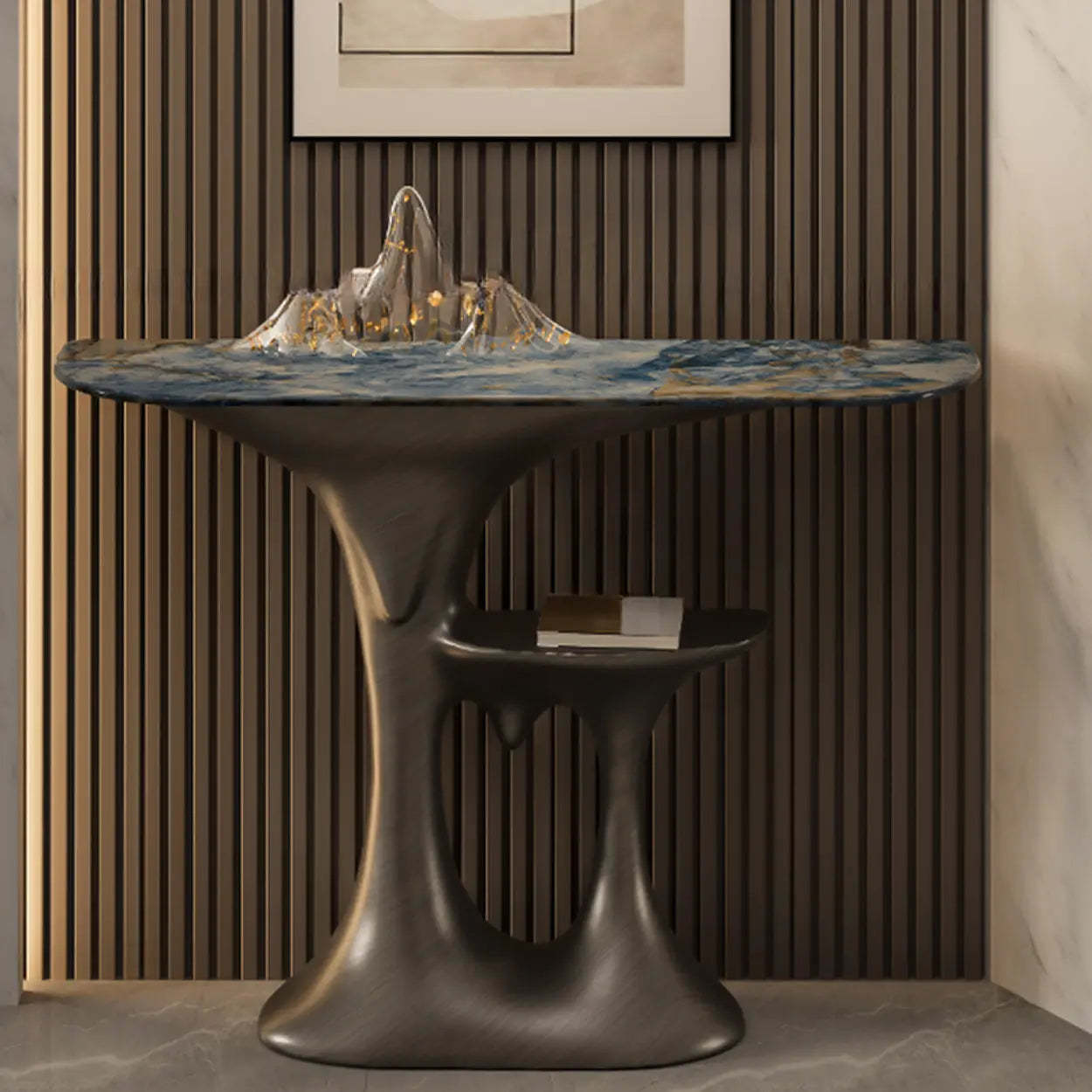 Entryway Half-Moon Marble Console Table with Shelf — Grey