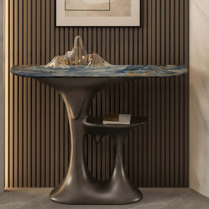 Entryway Half-Moon Marble Console Table with Shelf — Grey