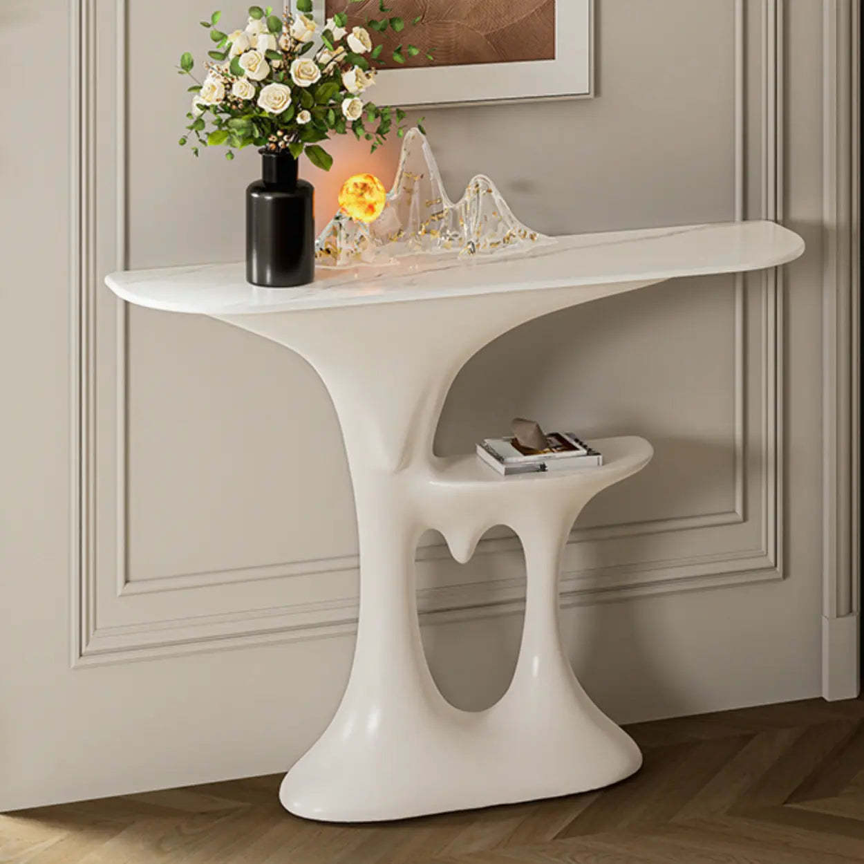 Entryway Half-Moon Marble Console Table with Shelf