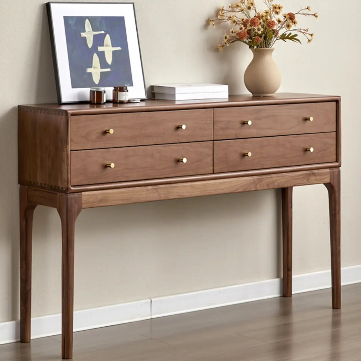 Sepia Rectangular Walnut Entryway Console Table with Drawers