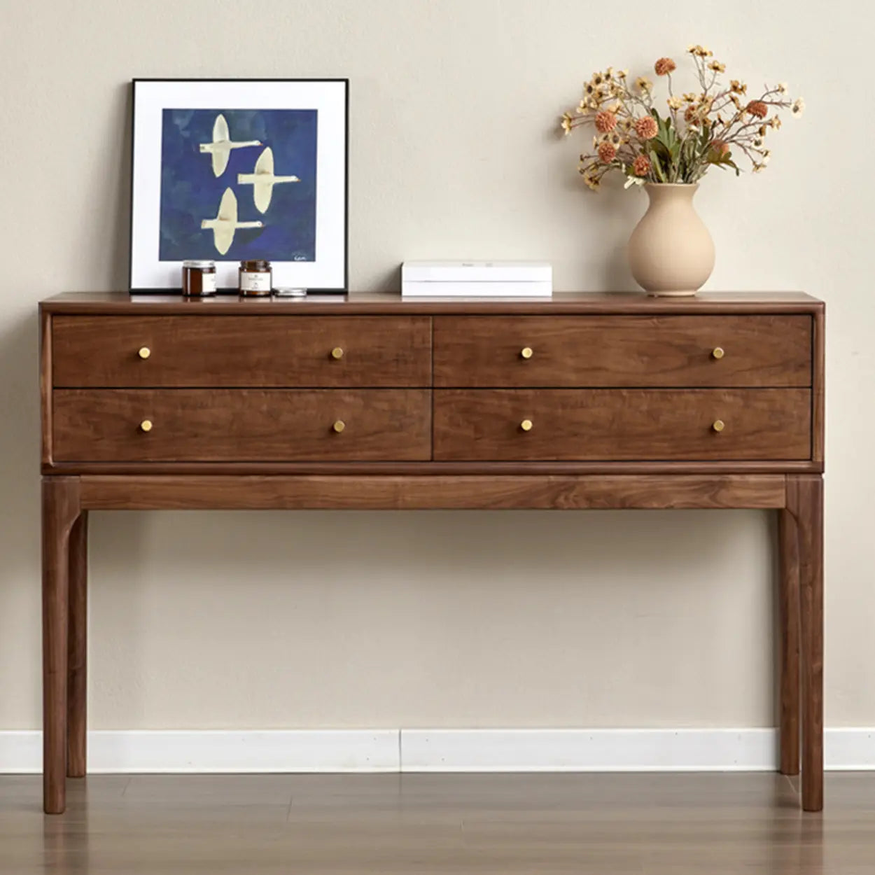 Sepia Rectangular Walnut Entryway Console Table with Drawers — Brown