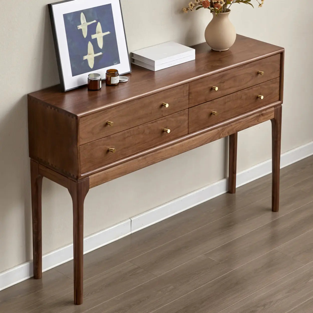 Sepia Rectangular Walnut Entryway Console Table with Drawers — Gold
