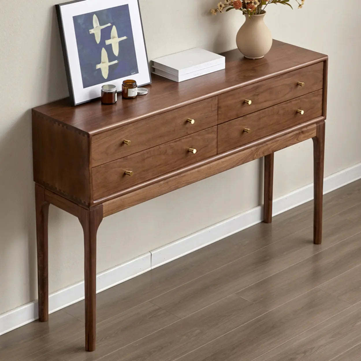 Sepia Rectangular Walnut Entryway Console Table with Drawers — Gold