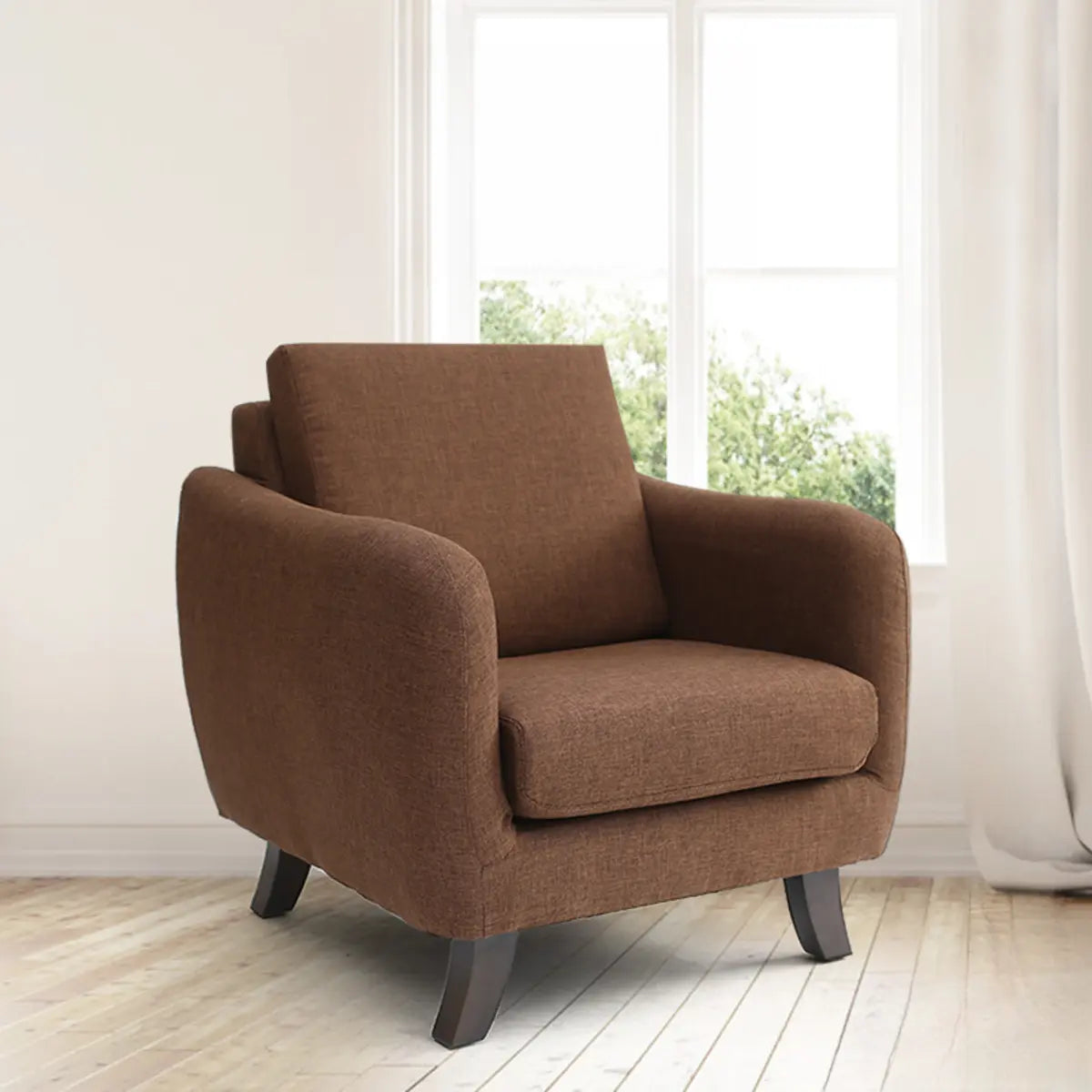 Ergonomic Brown Linen Wood Frame Arm Chair
