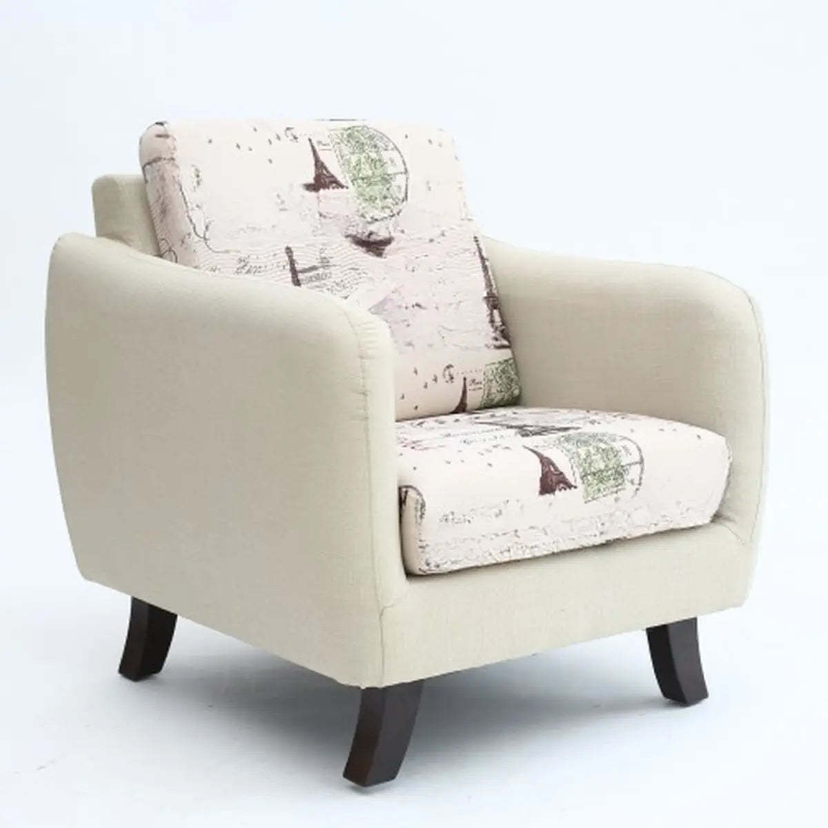 Ergonomic Brown Linen Wood Frame Arm Chair — Green / Linen