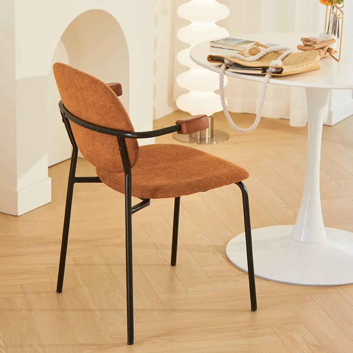 Ergonomic Camel Faux Leather Black-Leg Armchair — Camel / Linen