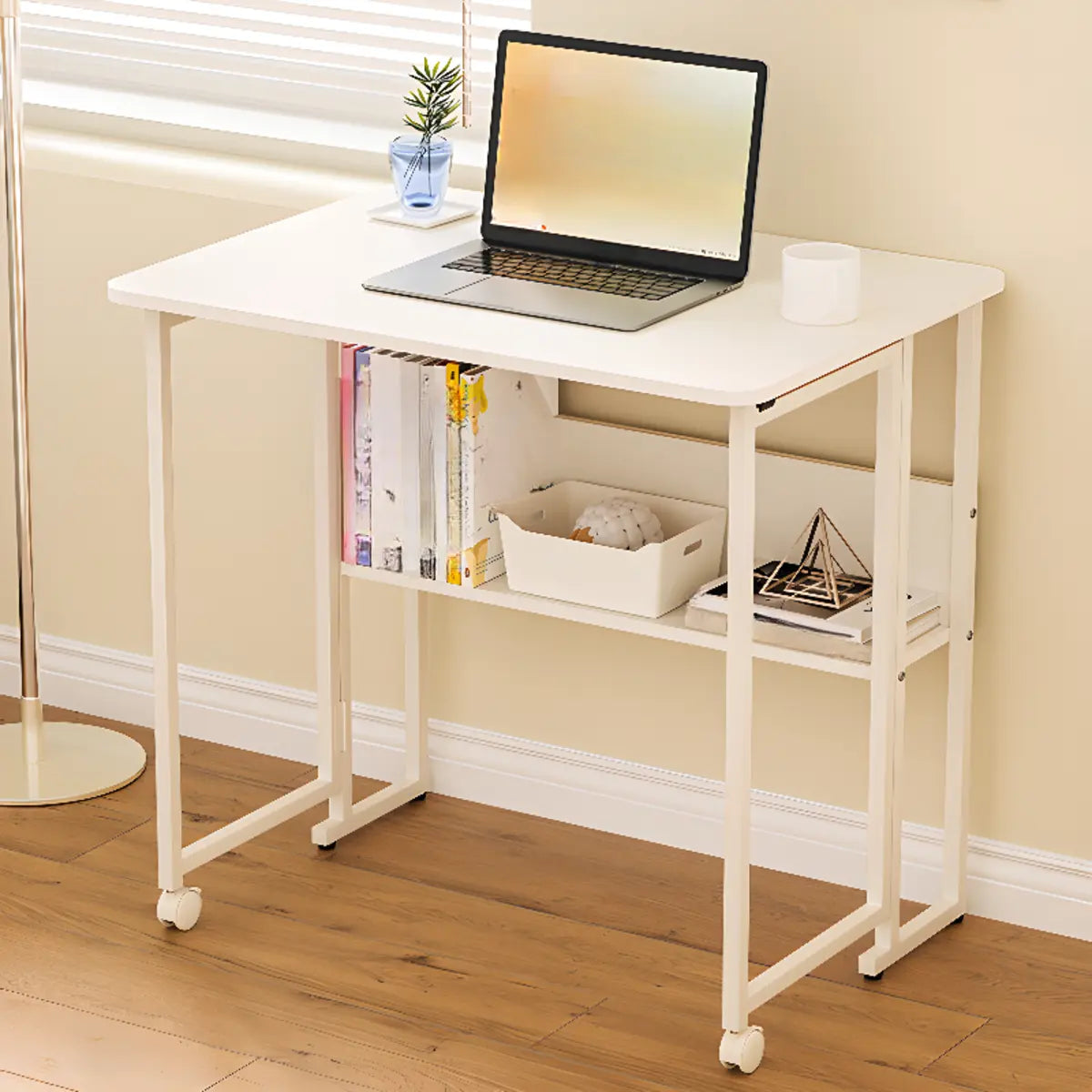 Ergonomic White Wood Foldable Writing Desk with Casters — Without Chairs / Teak