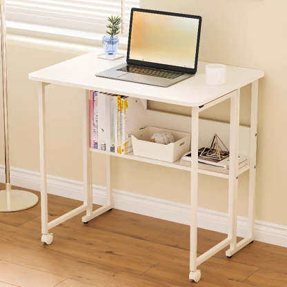 Ergonomic White Wood Foldable Writing Desk with Casters — Without Chairs / Teak