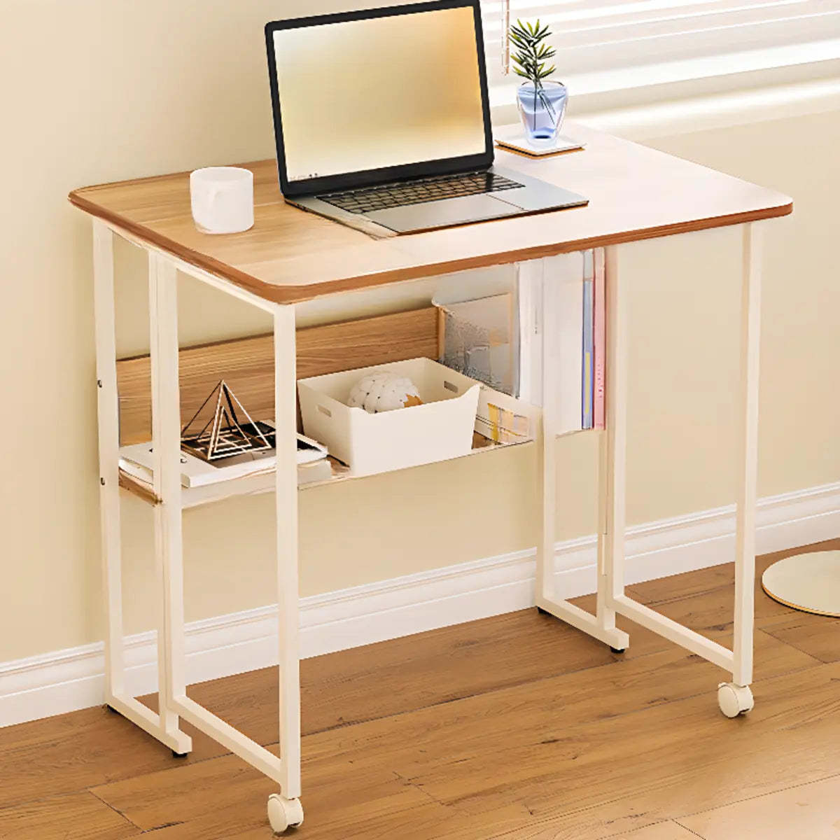 Ergonomic White Wood Foldable Writing Desk with Casters — Without Chairs / White