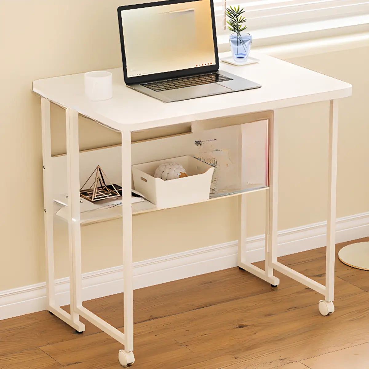 Ergonomic White Wood Foldable Writing Desk with Casters — Without Chairs / White