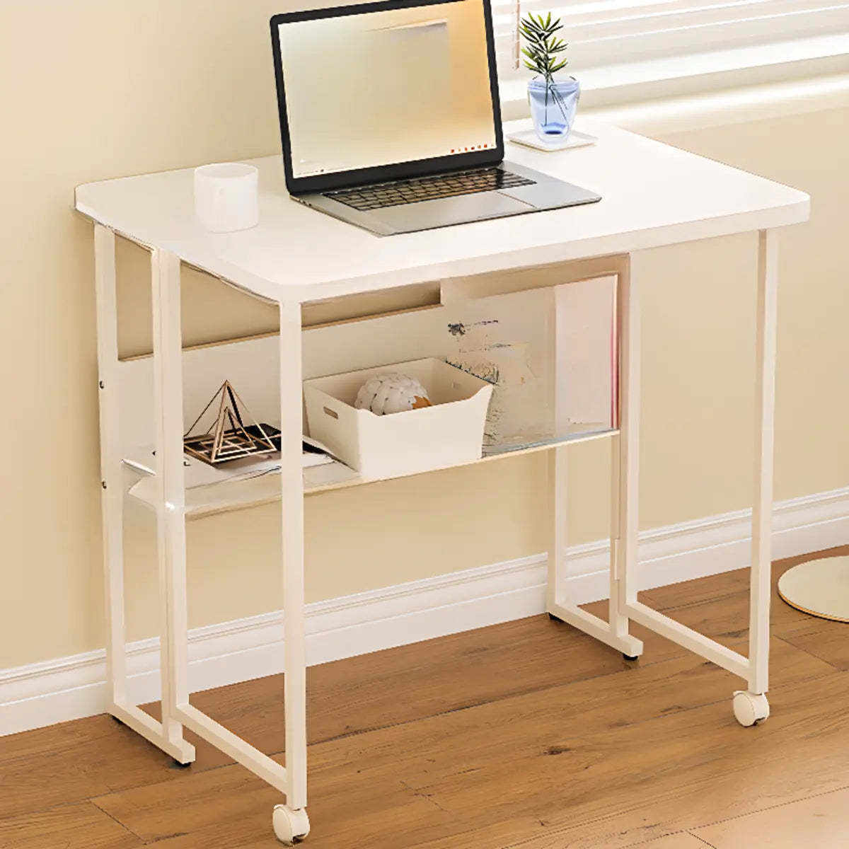 Ergonomic White Wood Foldable Writing Desk with Casters — Without Chairs / White