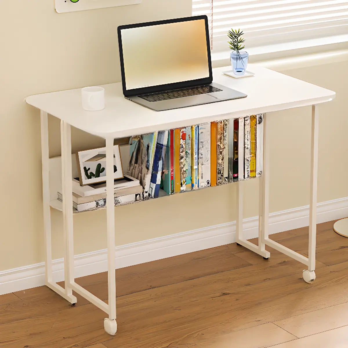 Ergonomic White Wood Foldable Writing Desk with Casters