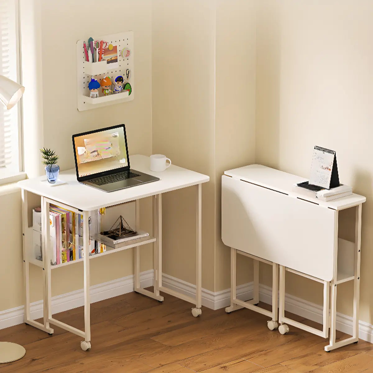Ergonomic White Wood Foldable Writing Desk with Casters
