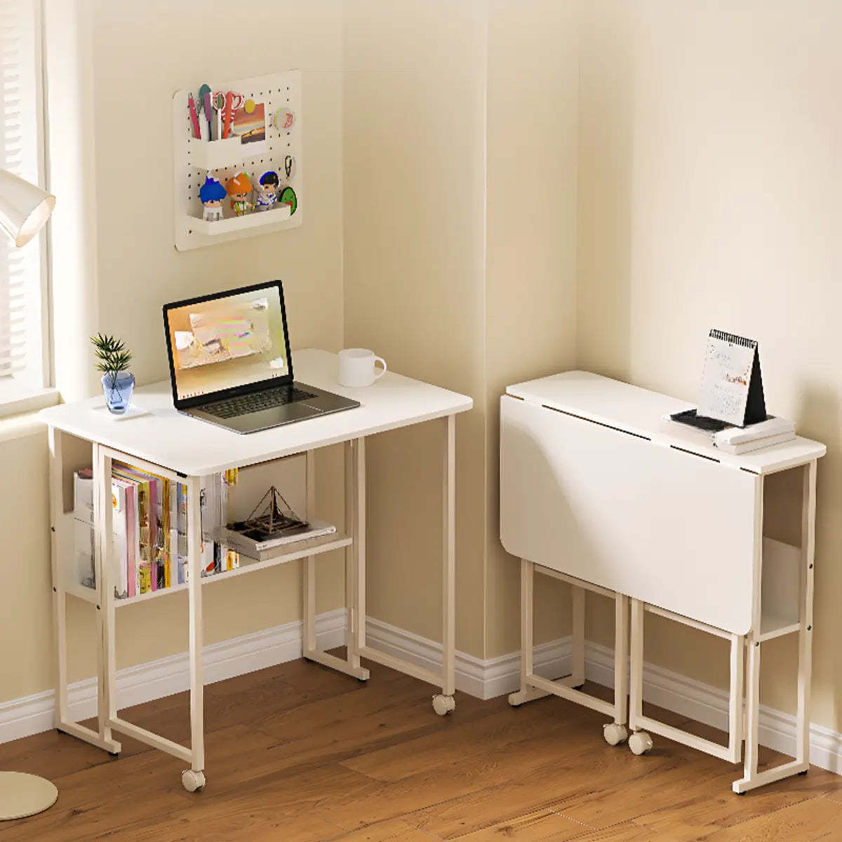 Ergonomic White Wood Foldable Writing Desk with Casters