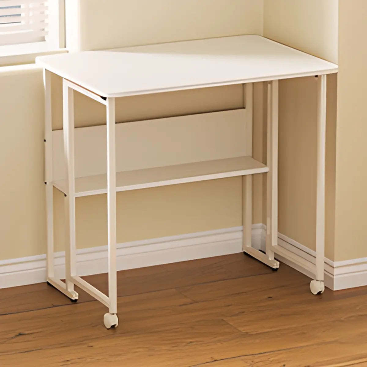 Ergonomic White Wood Foldable Writing Desk with Casters