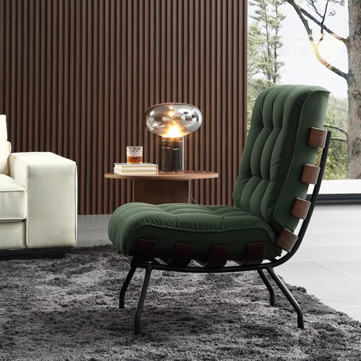 Ergonomic Green Tufted Back Spider Base Side Chair — Green / Cotton and Linen