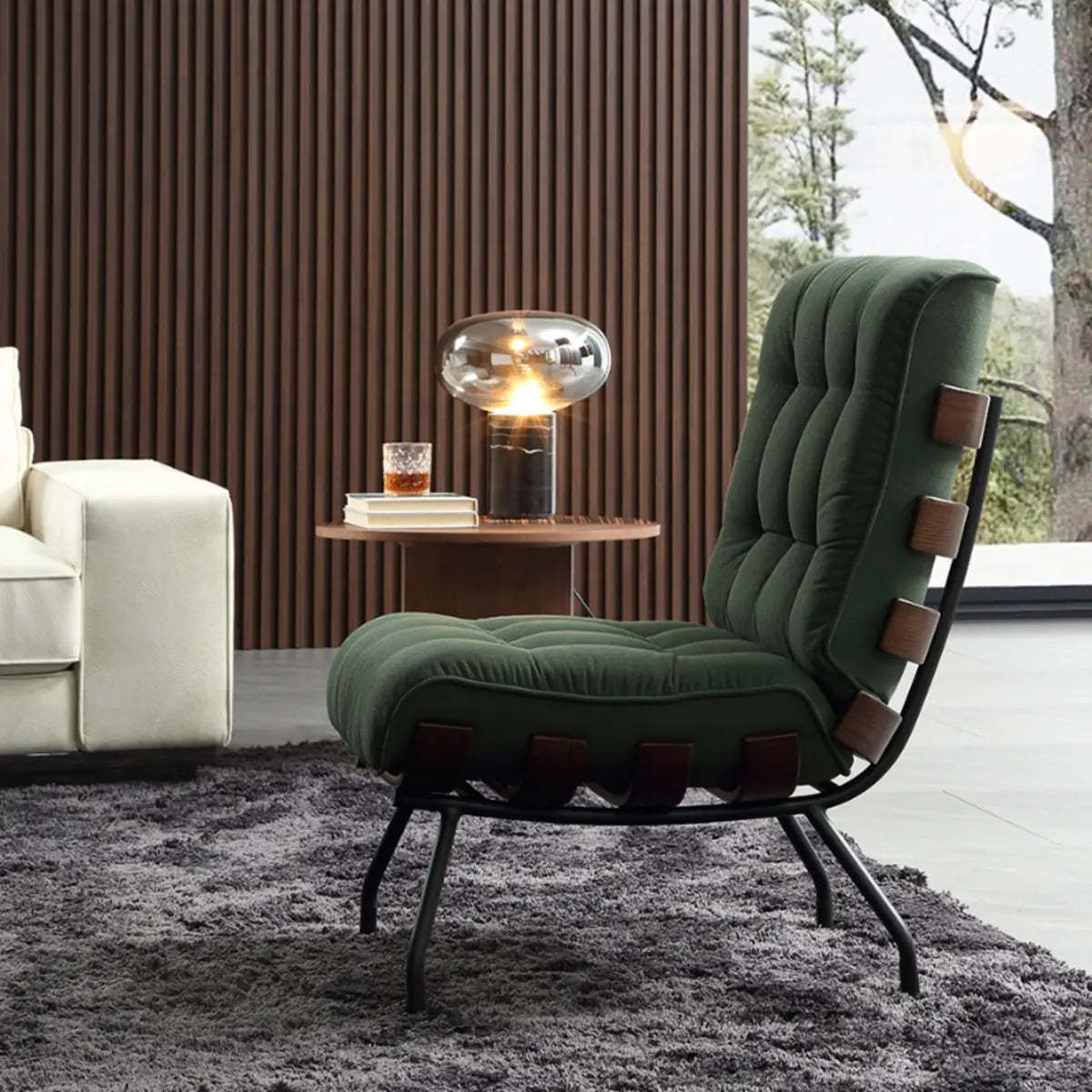 Ergonomic Green Tufted Back Spider Base Side Chair — Green / Cotton and Linen