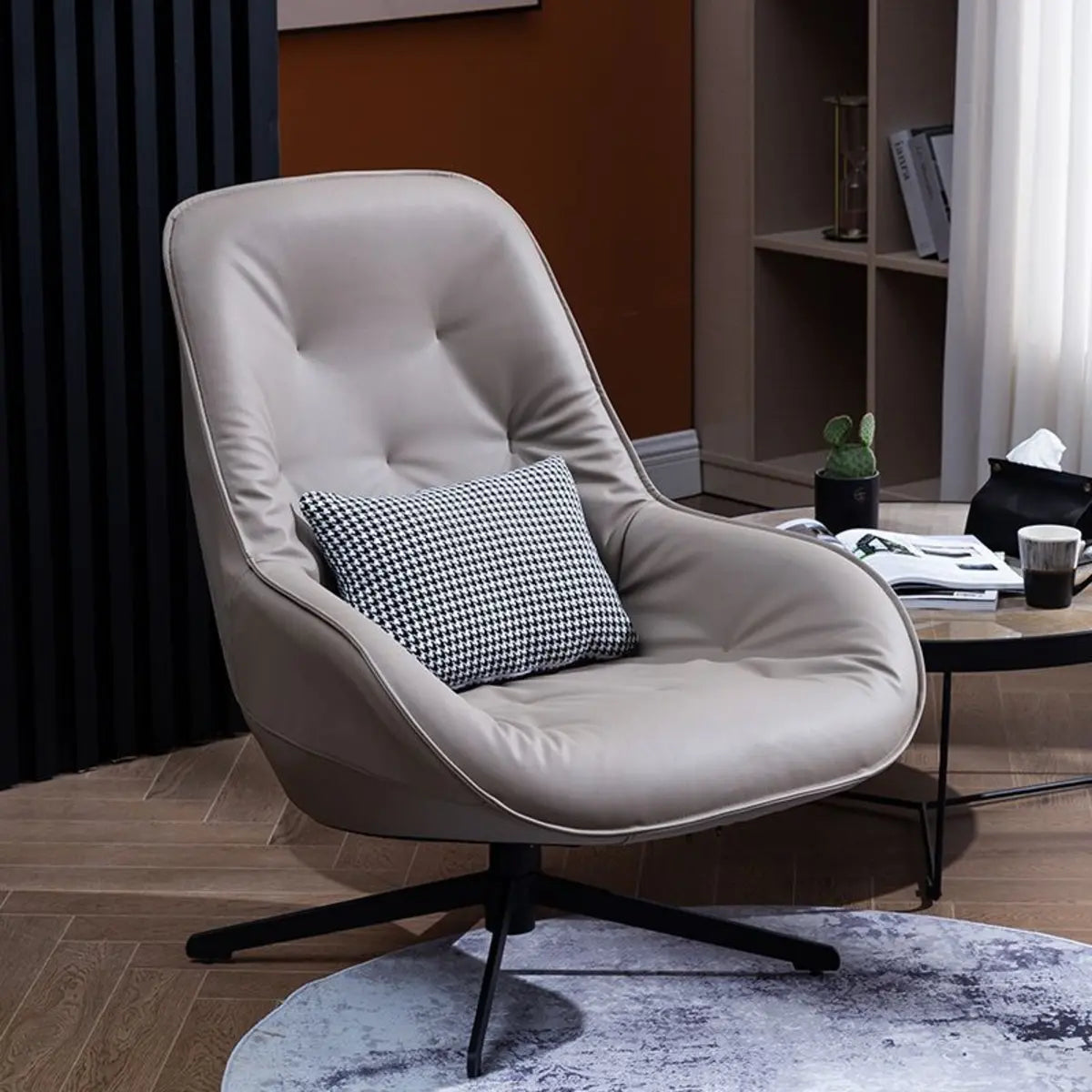 Ergonomic Leather Tufted Swivel Accent Chair — Grey / Anti Cat Scratch Leather