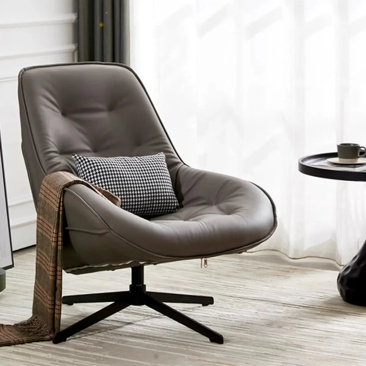 Ergonomic Leather Tufted Swivel Accent Chair — Off-White / Anti Cat Scratch Leather