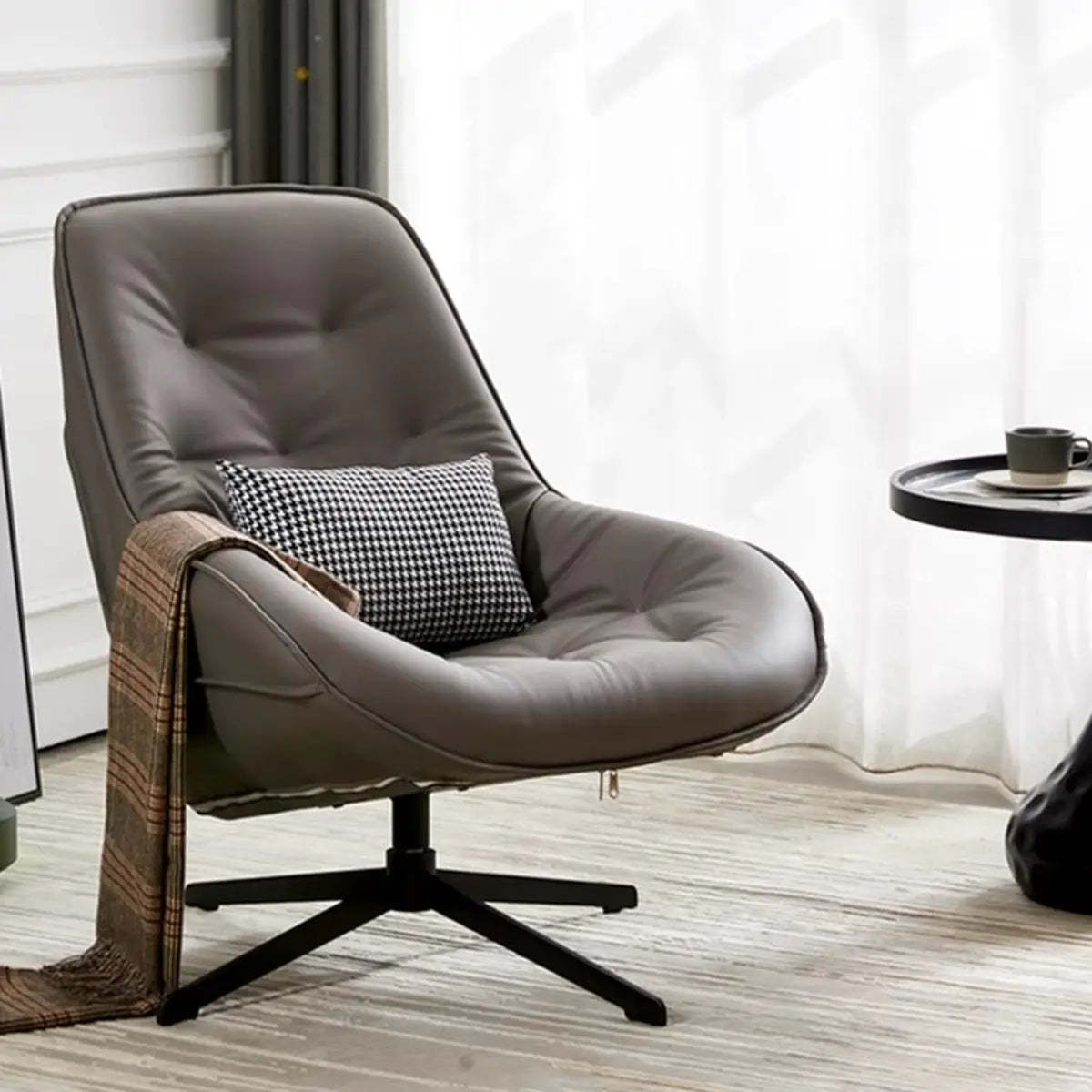 Ergonomic Leather Tufted Swivel Accent Chair — Off-White / Anti Cat Scratch Leather