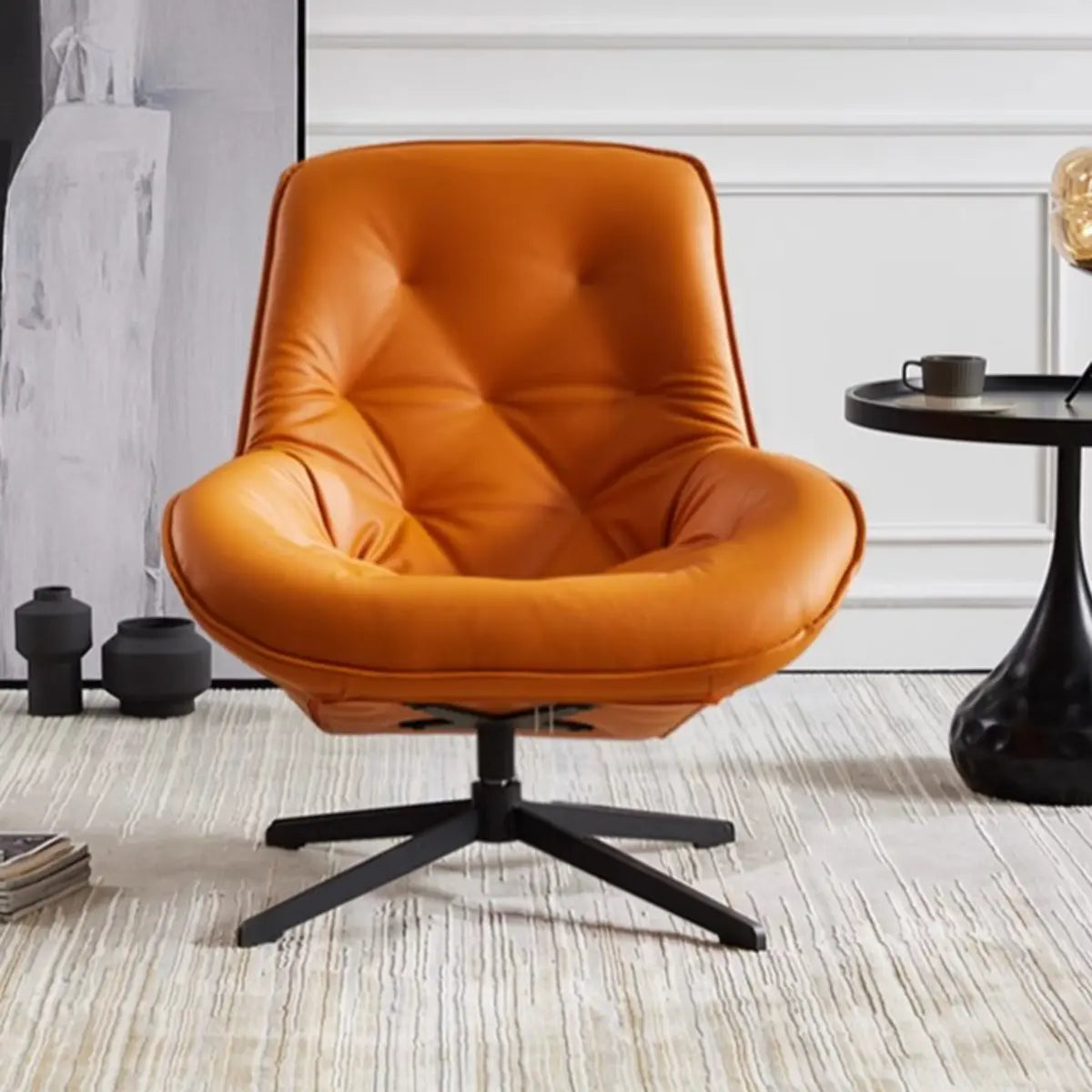 Ergonomic Leather Tufted Swivel Accent Chair — Orange / Anti Cat Scratch Leather