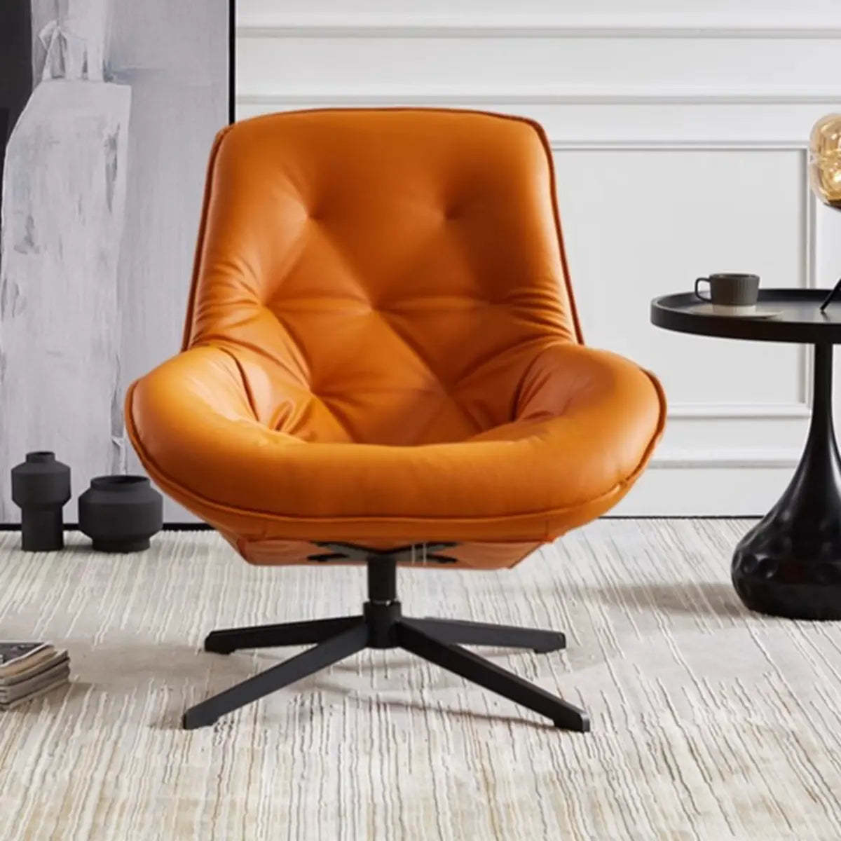 Ergonomic Leather Tufted Swivel Accent Chair — Orange / Anti Cat Scratch Leather