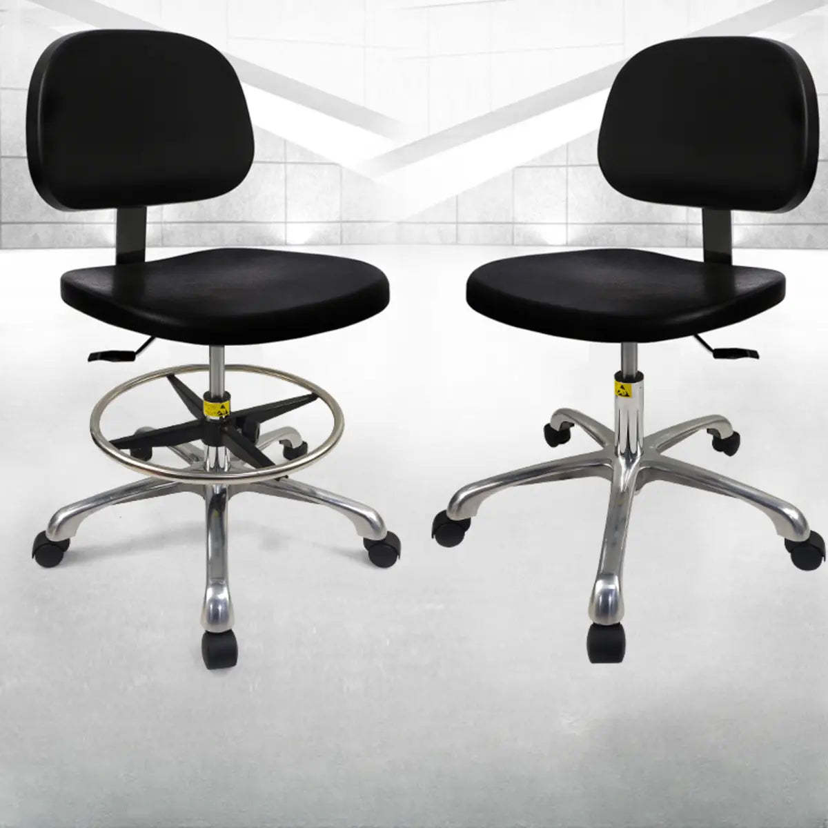Ergonomic Metal Adjustable Black Office Stool — Black / Leather / Footring Included